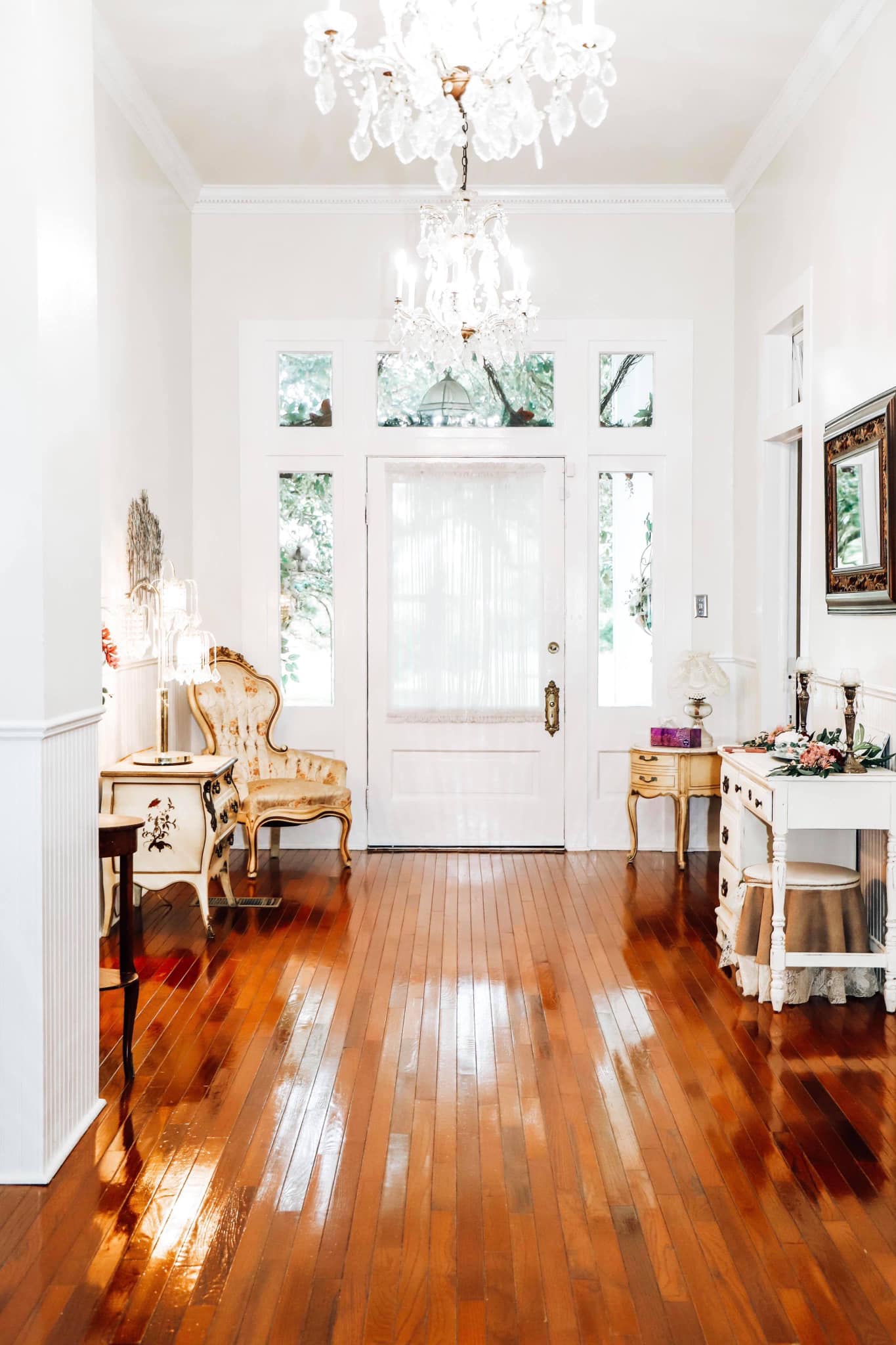 entryway of melady house with crystal chandelier